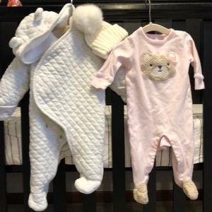 Baby girls snow suit, hat and one piece outfit